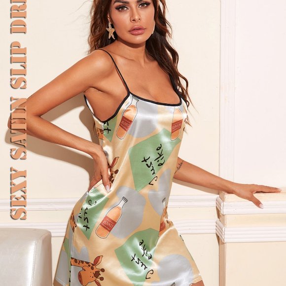 Size L  Sexy Satin Slip Dress Giraffe Print - Picture 2 of 4